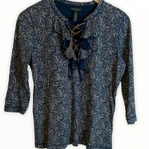 Lauren Ralph Lauren M blue  western Paisley Print Lace Up Ruffled T…